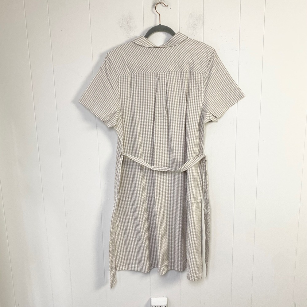 Denim & Co Womens XL Gingham Shirt Dress Tan White Cotton Short Sleeve Belted - Picture 2 of 8